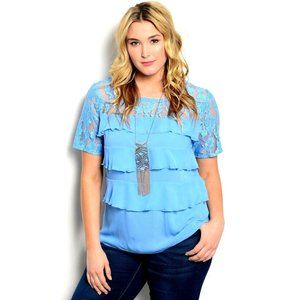 IRE Women's Tiered Top Blue Lace-Yoke Scoop Neck Short-Lace-Sleeve Size 2XL NWT